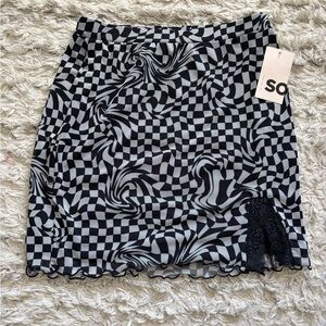 SO Black & White Checkerboard Mini Skirt with Lace Accent